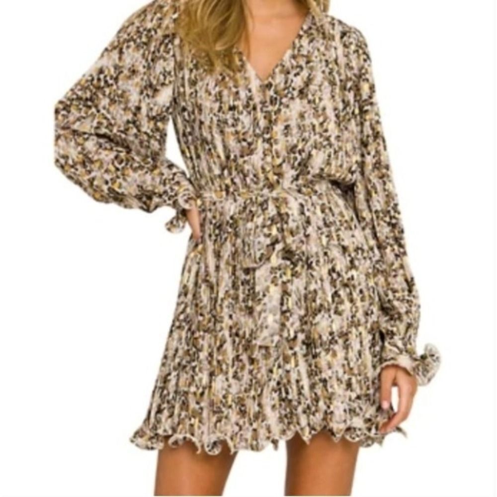 Free the Roses Leopard Print Pleated Mini Dress V-Neck Ruffle Long Sleeve Medium